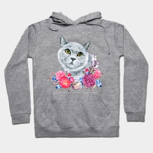 Cute Russian Blue Cat with Roses Watercolor Art Hoodie